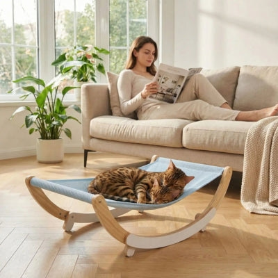 deux bangal enlacés sur hamac à chat maîtresse lis magazine