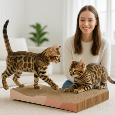 deux chatons bangal s'amusent sur griffoir chat carton femem heureuse