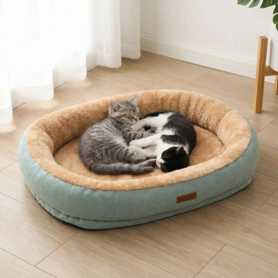 deux chatons endormis ensemble dans un des coussins chat nid moelleux vert clair