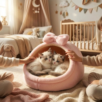 deux chatons enlacés dans lit pour chaton enfants les caressant tendrement