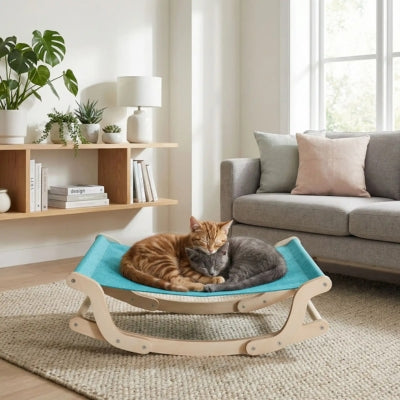 deux chatons enlacés sur hamac chat suspendu installé dans salon