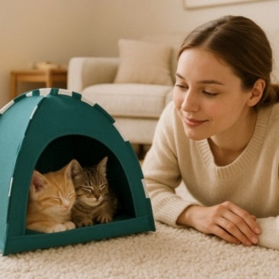 deux chatons lovés dans chat niche vert maîtresse à côté