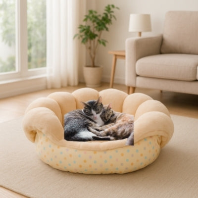 deux chats enlacés dans un des coussins chat cocoon évolutif jaune fleuri
