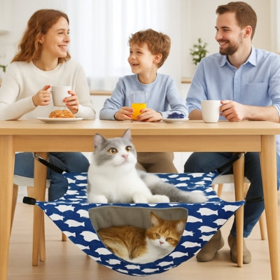 deux chats lovés dans hamac chaton accroche table famille déjeunant dessus