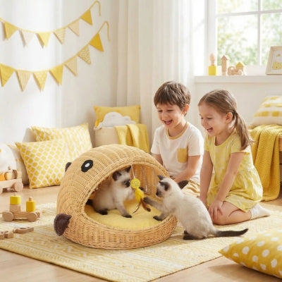 deux siamnois jouant avec plume suspendue toit panier chatons