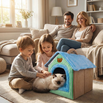 enfants caressant chaton detendu dans maison chaton