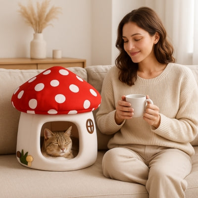 femme à côté son chaton endormi dans maison pour chaton