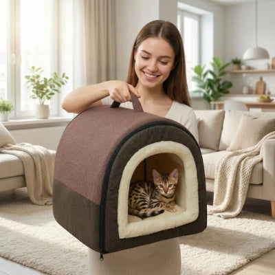 femme portant maison pour chaton bangal lové dedans