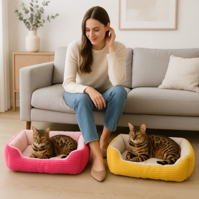 femme regardant ses deux bangal chacun panier chat rose jaune