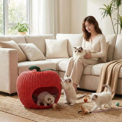 femme tenant chatte observant chatons utilisant chaton panier