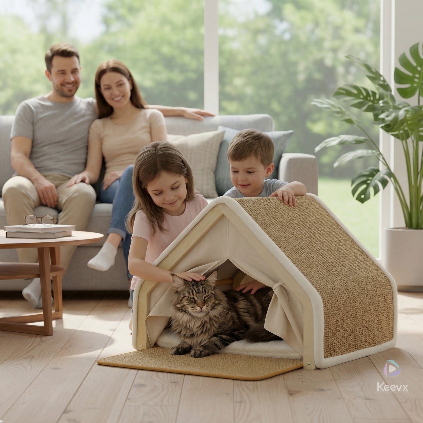 fillette caresse maine coon lové maison pour chat parents satisfaits 