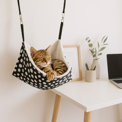 hamac chat à pois bangal somnolant dedans