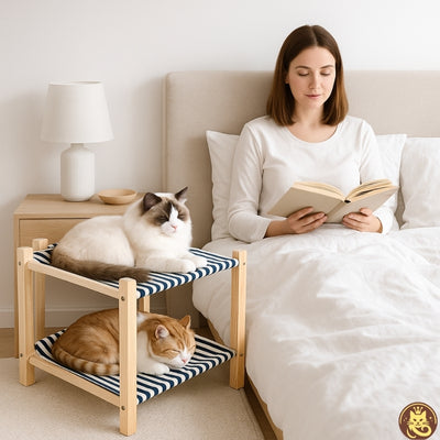 hamac chat harmony lounge deux chats endormis femme lisant livre 