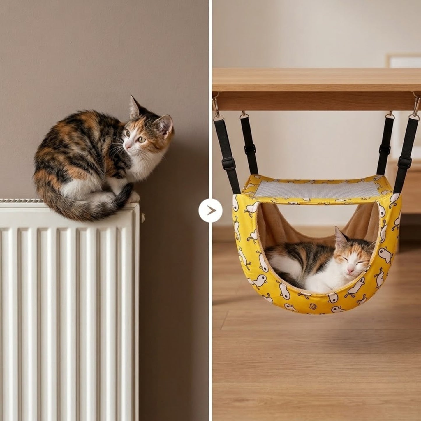 hamac chaton avant après perché radiateur puis endormi sous table