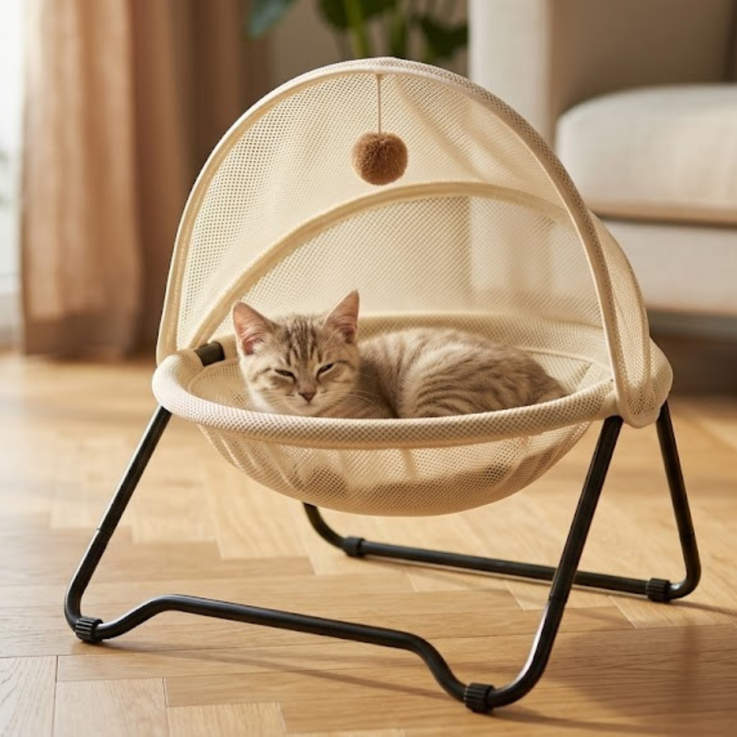 hamac chaton blanc écru chaton lové dedans salon