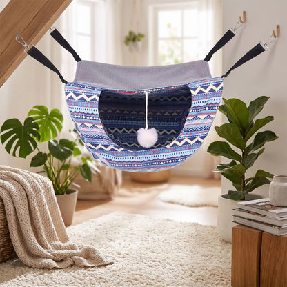 hamac chaton bleu nomade suspendu salon cosy vue de face