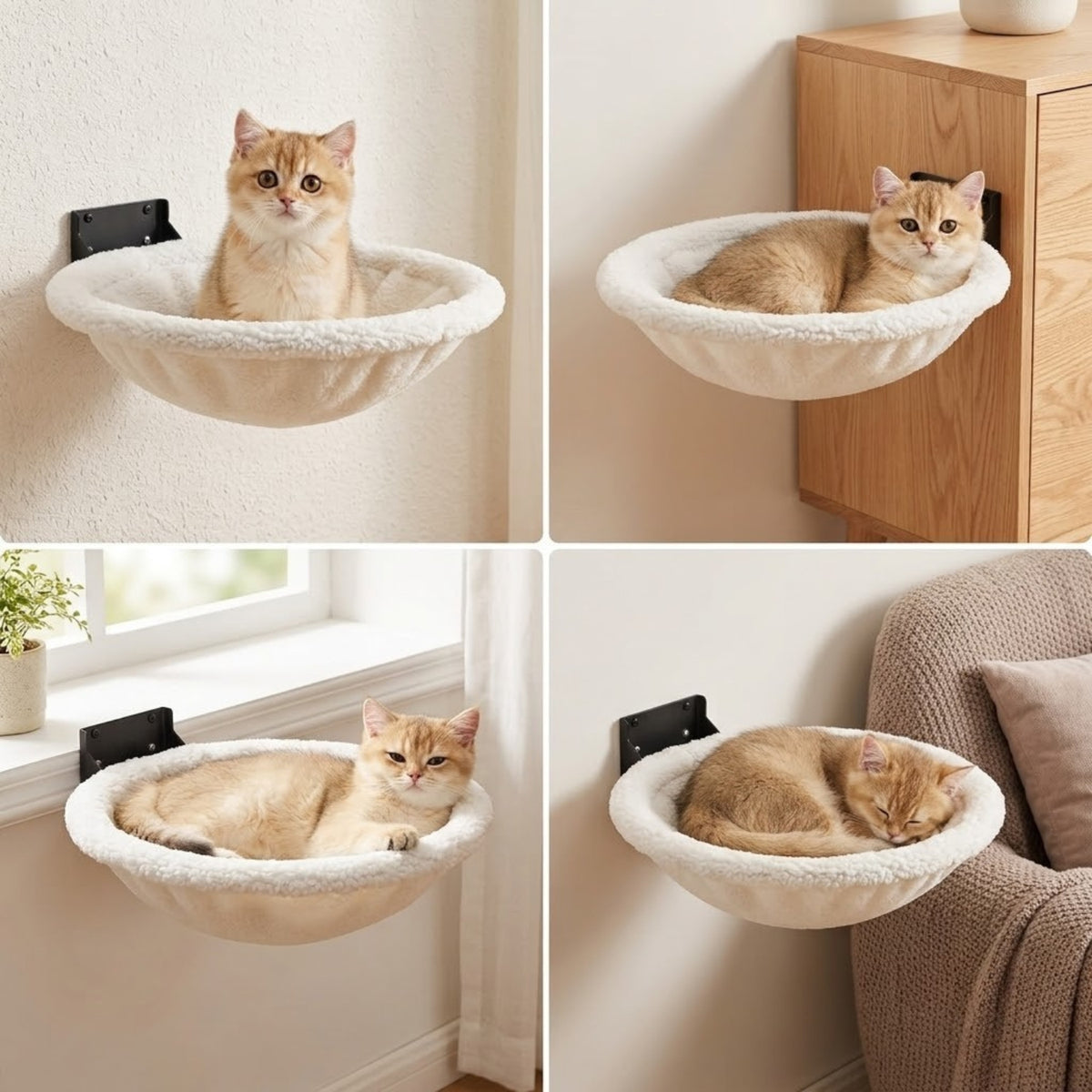 hamac chaton cocoonminou installé sur mur meuble fenêtre et salon chaton crème