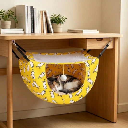 hamac chaton jaune canari accroché table chaton lové dedans