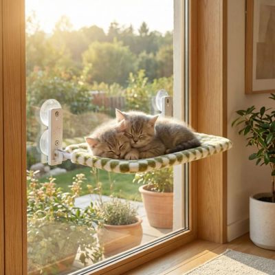 hamac pour chat fenêtre deux chatons enlacés affectueusement dessus