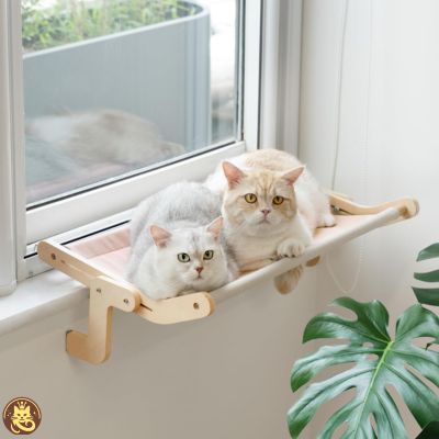 hamac pour chat le belvédère gris rose suspendu fenêtre deux chats relaxant dessus