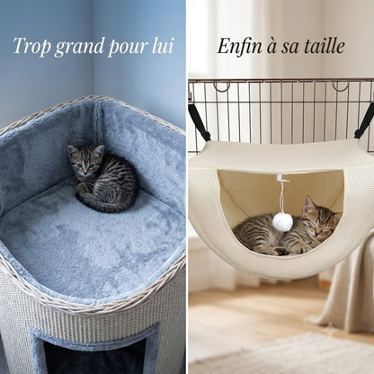 hamac pour chaton avant après chaton recroquevillé dans un couchage trop grand puis lové à sa taille dans le cocon