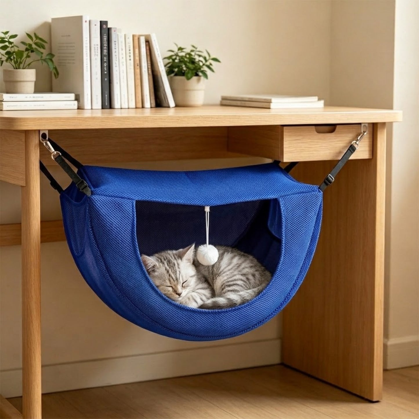 hamac pour chaton bleu suspendu sous un bureau chaton endormi dans le cocon