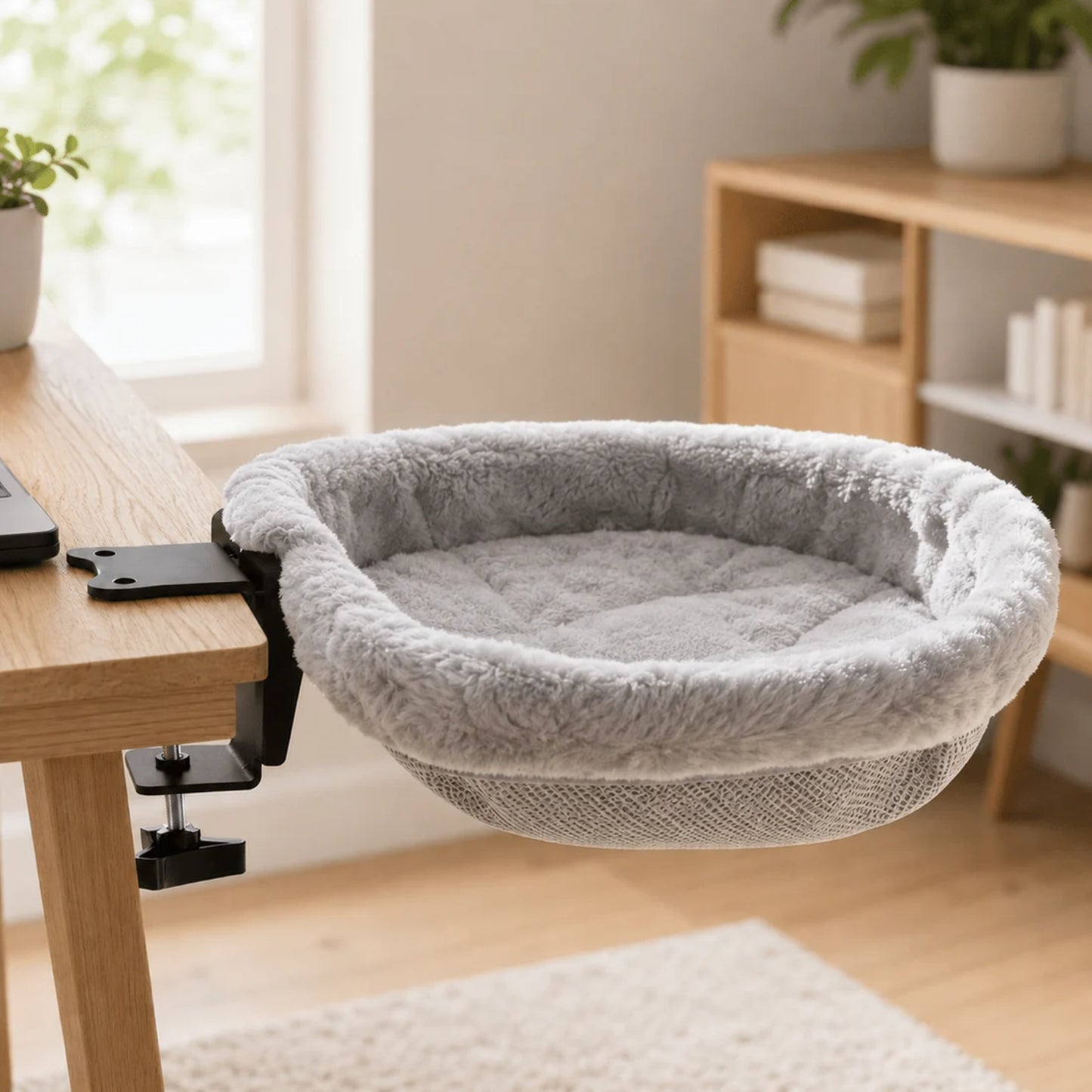 hamac pour chaton bureau peluche grise pince noire à mes côtés