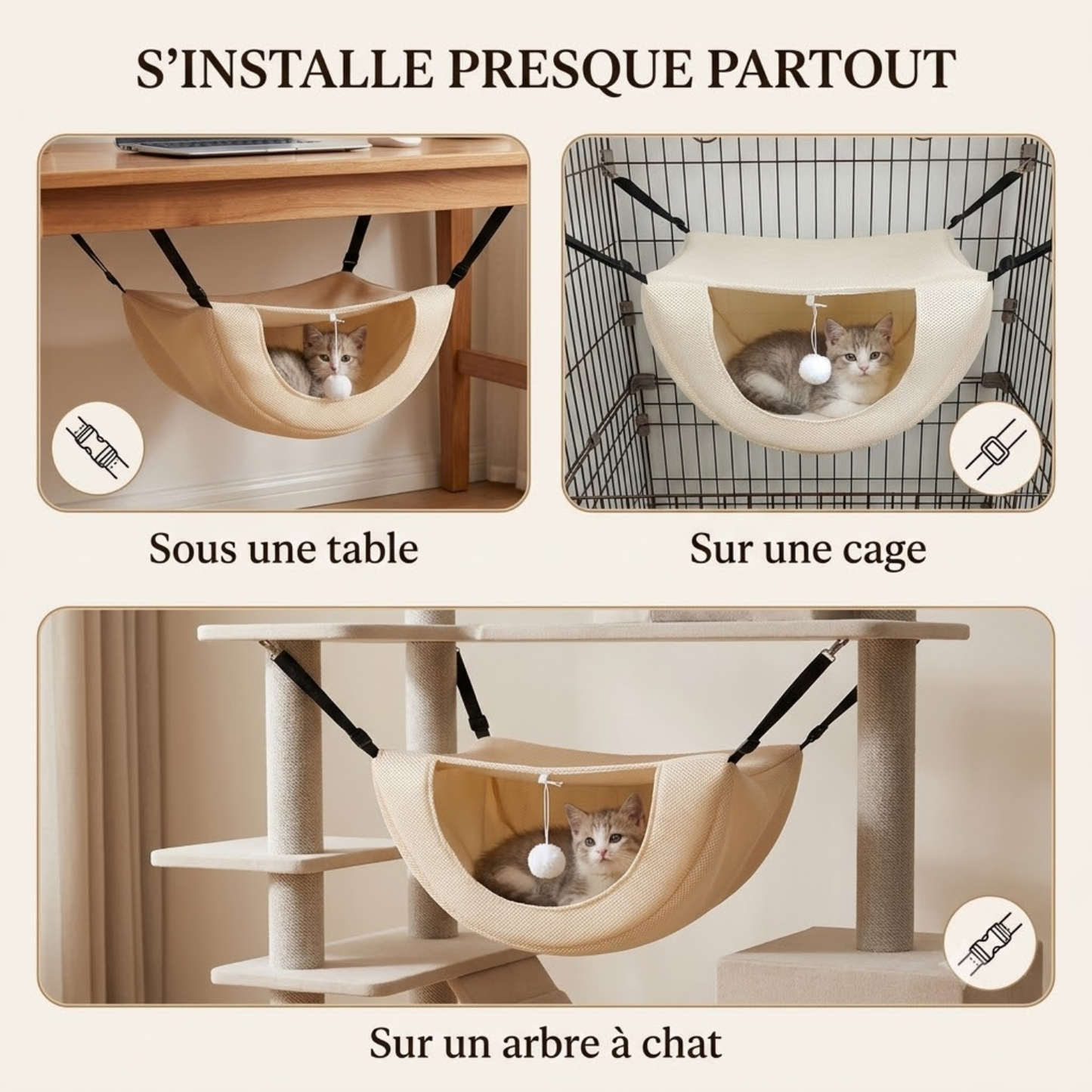 hamac pour chaton installation sous une table sur une cage et un arbre à chat