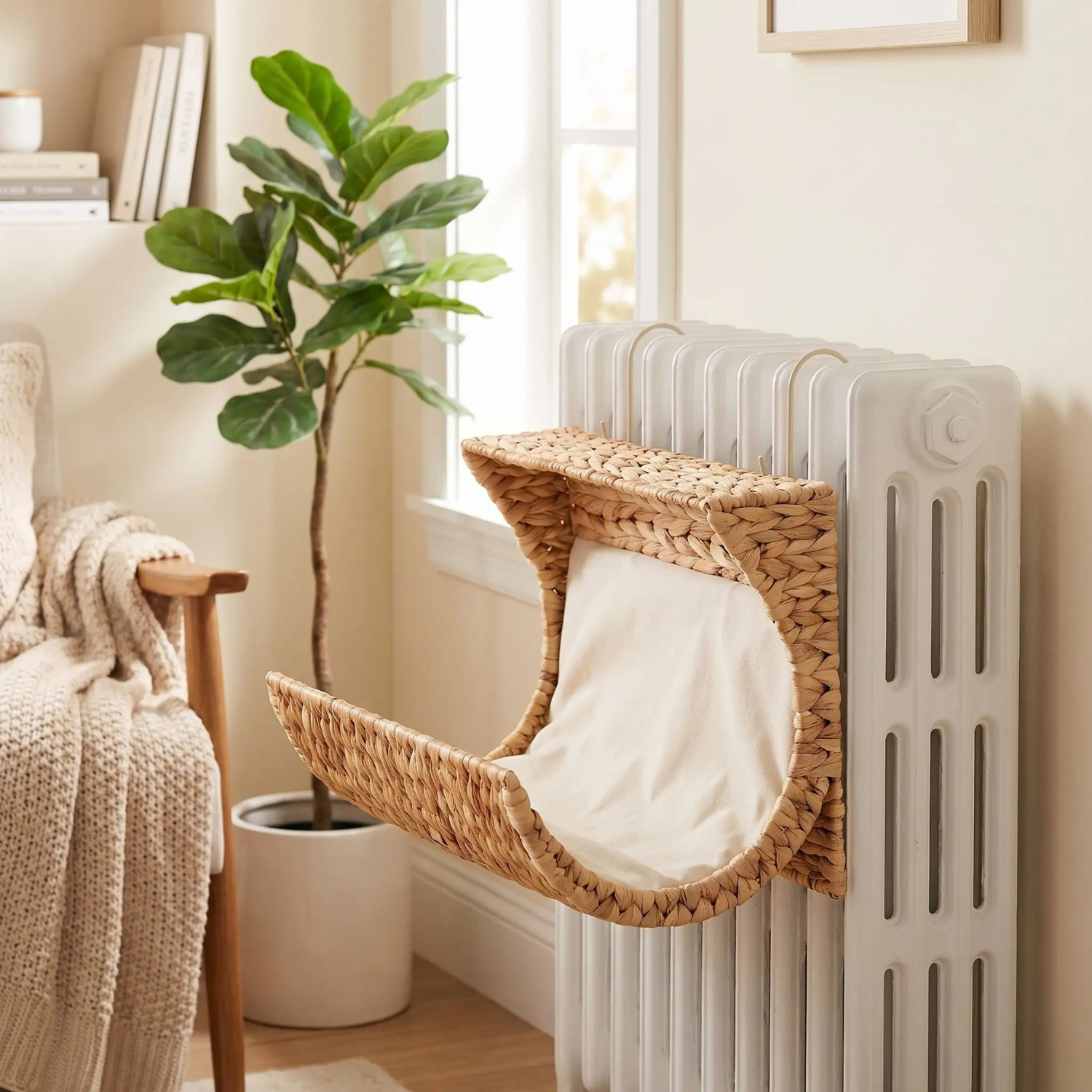 hamac pour chaton radiateur fonte tressage jacinthe coussin écru salon