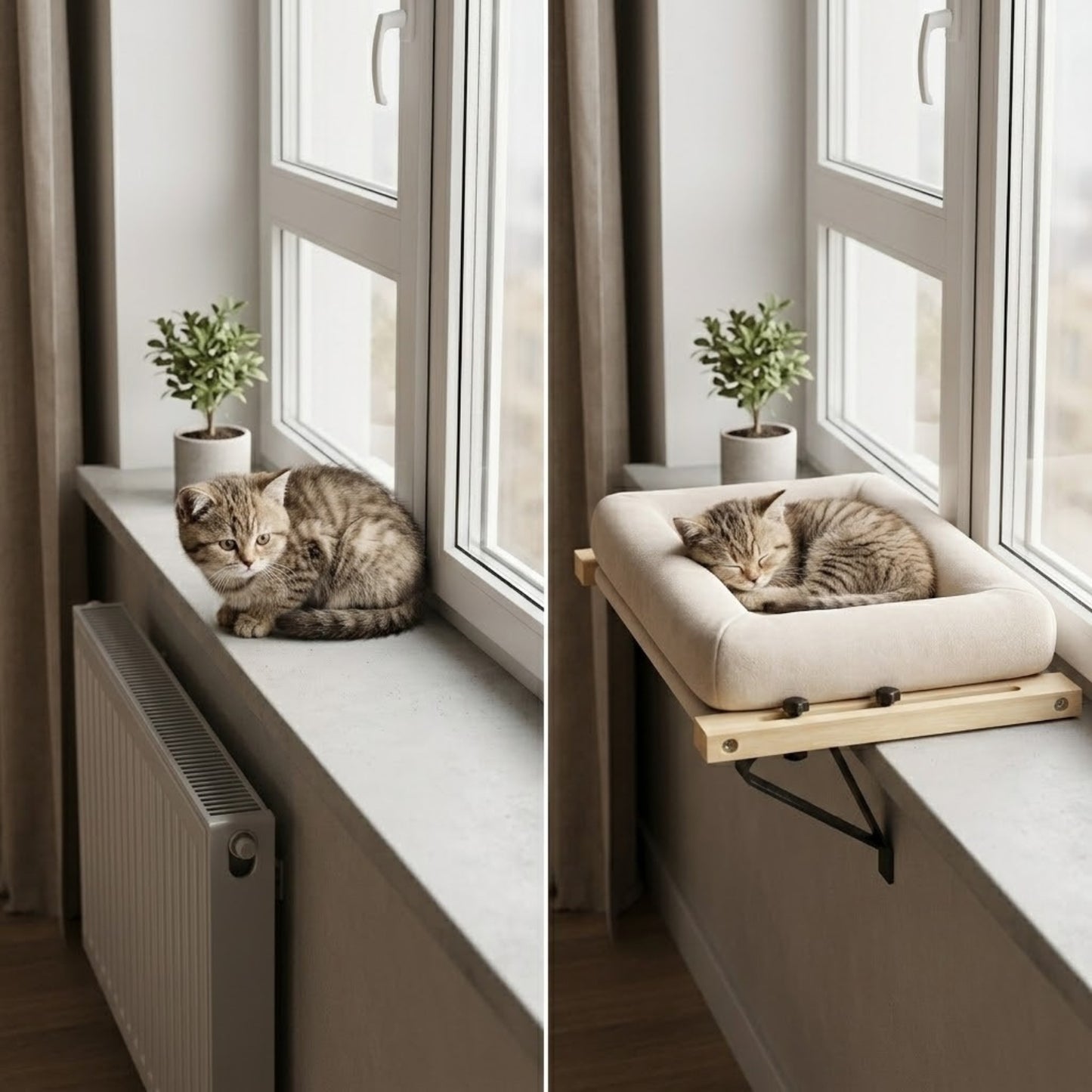 hamac pour chaton recroquevillé proche radiateur puis endormi dans coussin