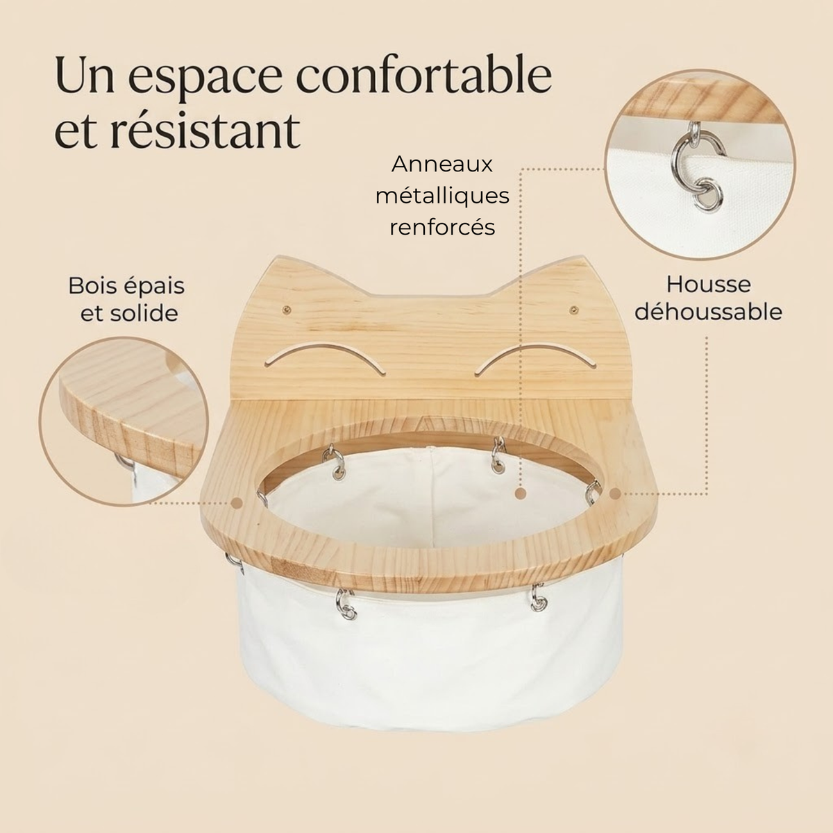 Hamac pour chaton zoom bois épais anneaux métalliques et housse déhoussable