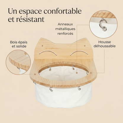 Hamac pour chaton zoom bois épais anneaux métalliques et housse déhoussable