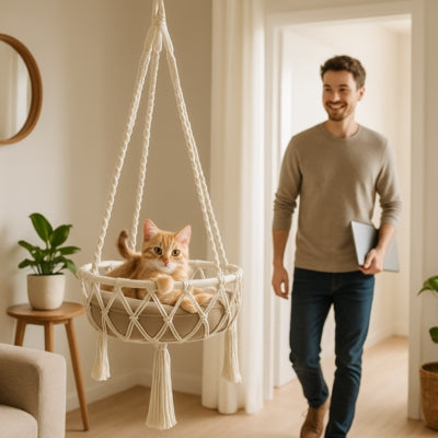 hamac suspendu chat chaton relaxant dedans son maître heureux