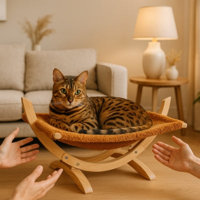 hamac suspendu pour chat bangal relaxant dessus recevant compliments invités