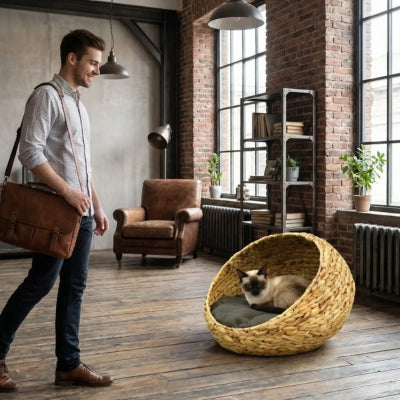 homme regarde avec satisfaction siamois lové dans panier pour chat osier