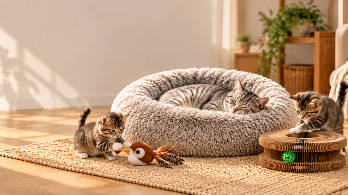image page acceuil chatte endormie coussin chaotns jouent autour