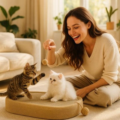 jeune femme jouant chatons installés griffoir en carton pour chat