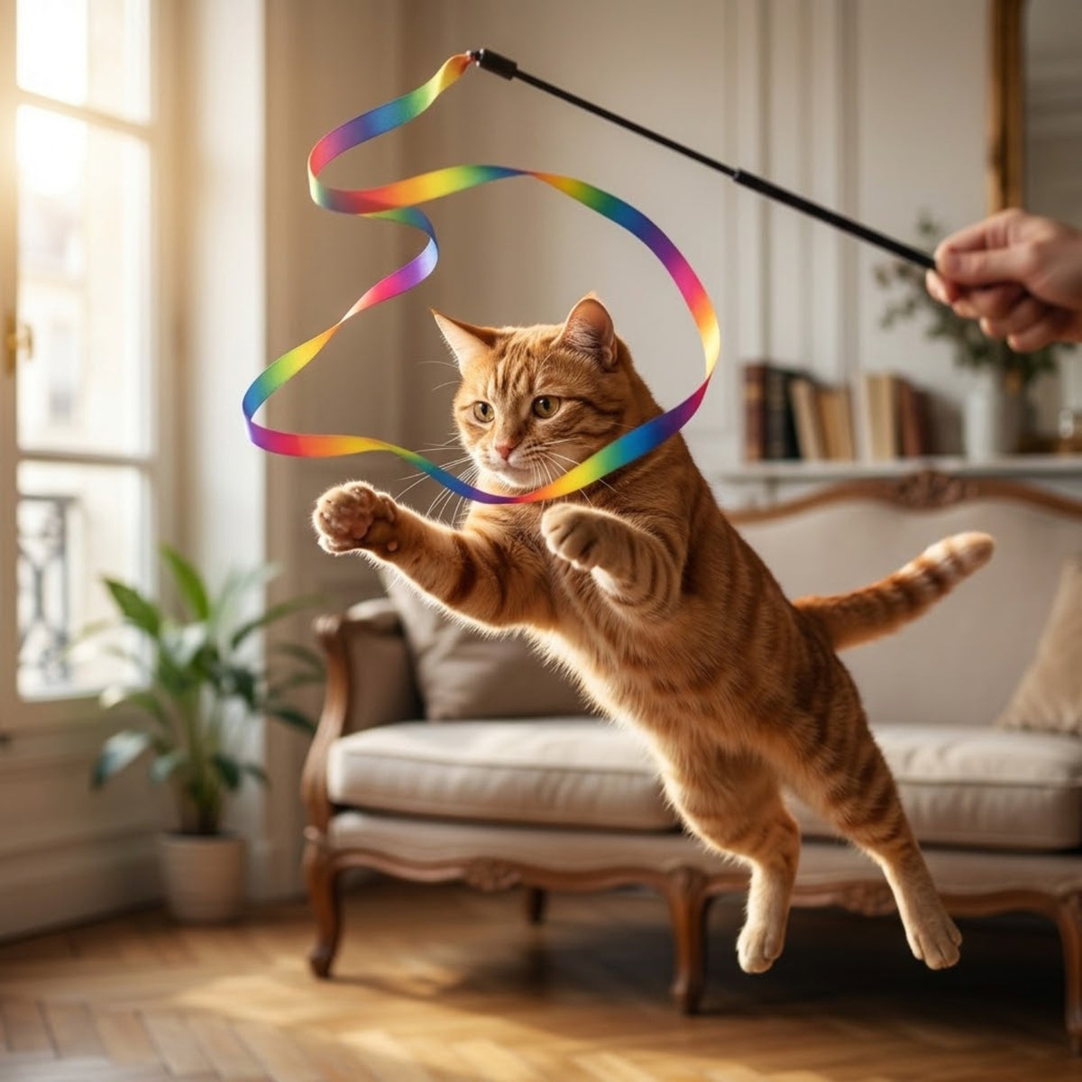 jouet chat are-en-ciel chat qui saute sur ruban