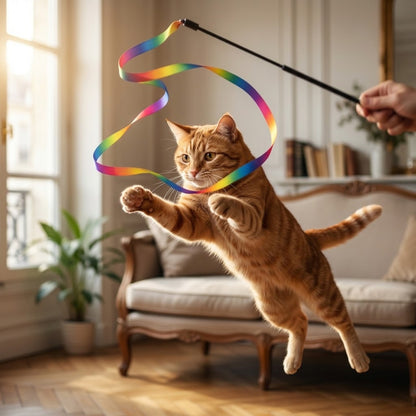 jouet chat are-en-ciel chat qui saute sur ruban