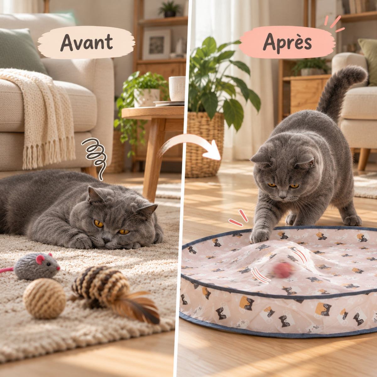 jouet chat avant jouets ignorés après balle cachée traquée
