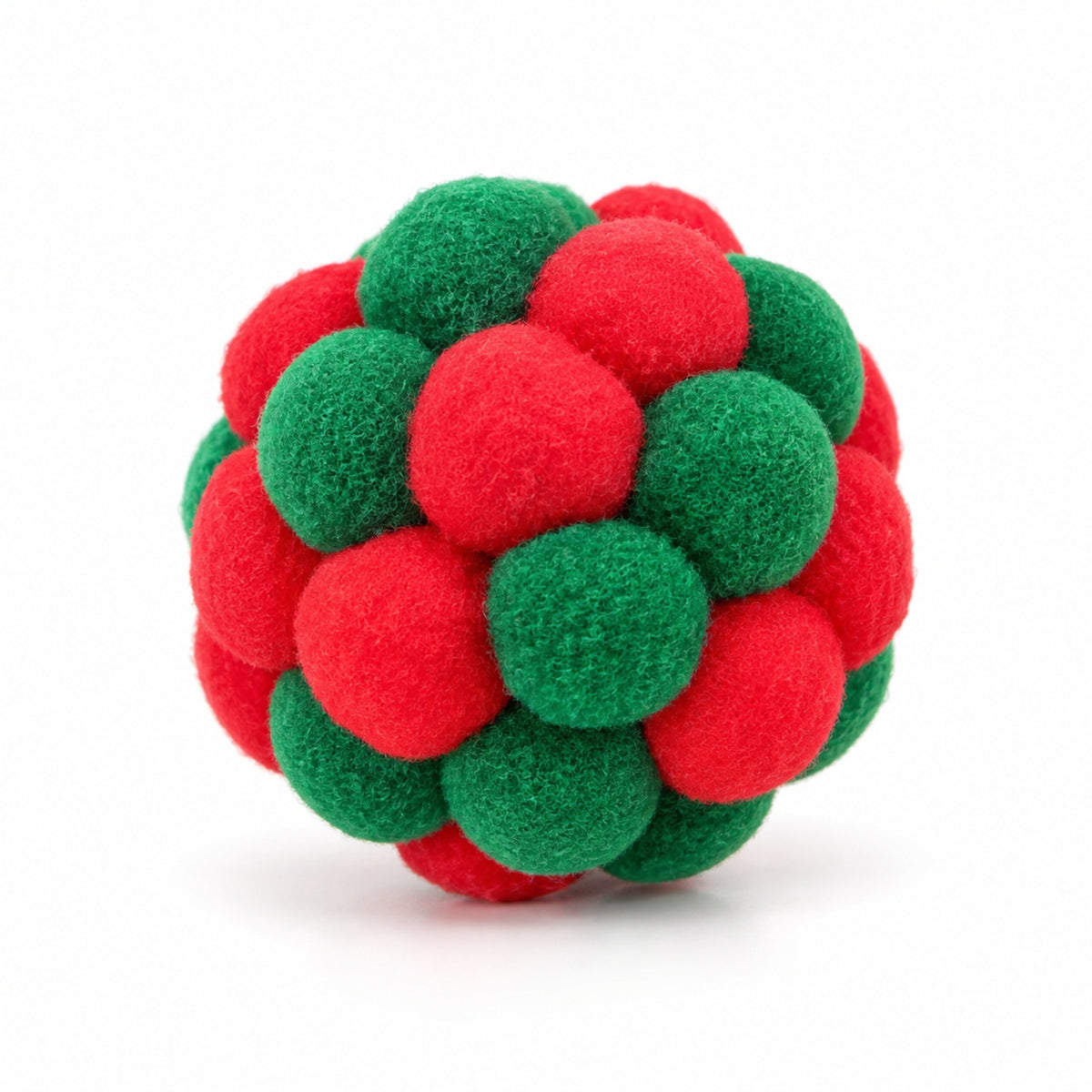 jouet chat balle à clochette en pompons rouges et verts