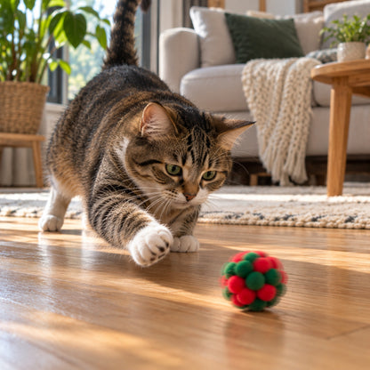 jouet chat chat tigré poursuit balle à clochette qui roule