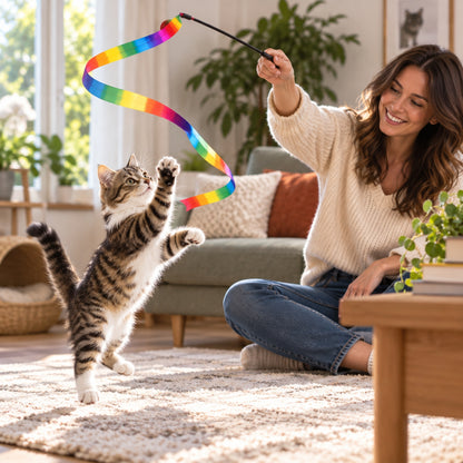 jouet chat chaton tigré bondit pour attraper ruban arc en ciel