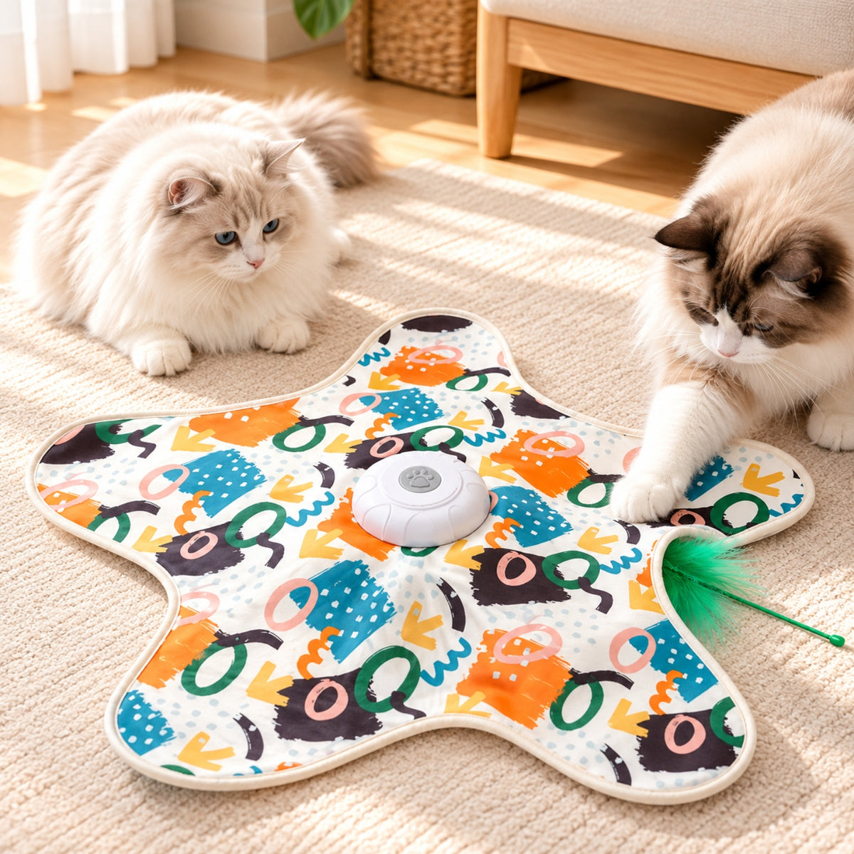 jouet chat interactif housse graffiti blanc deux chats plume