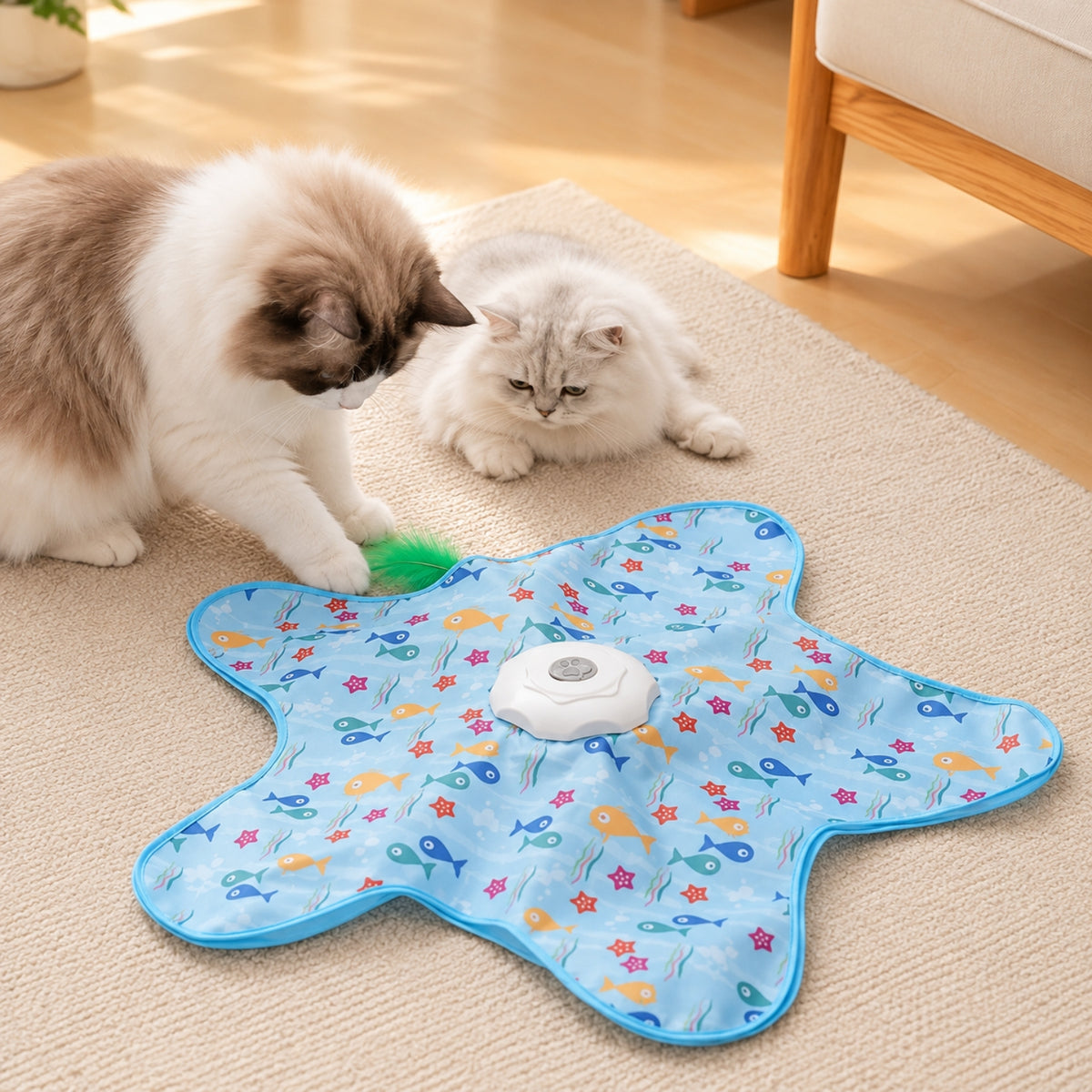 jouet chat interactif housse poissons deux chats guettent plume