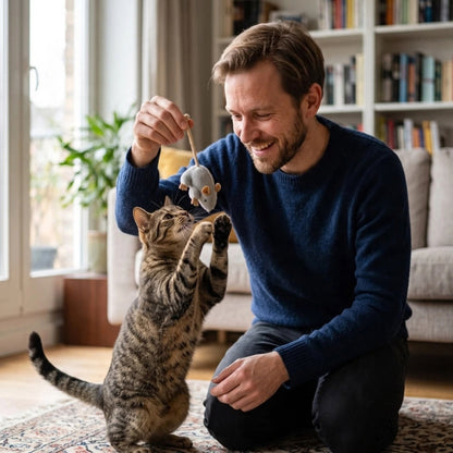 jouet chat maître tient jouet par cordon pour jouer avec chat