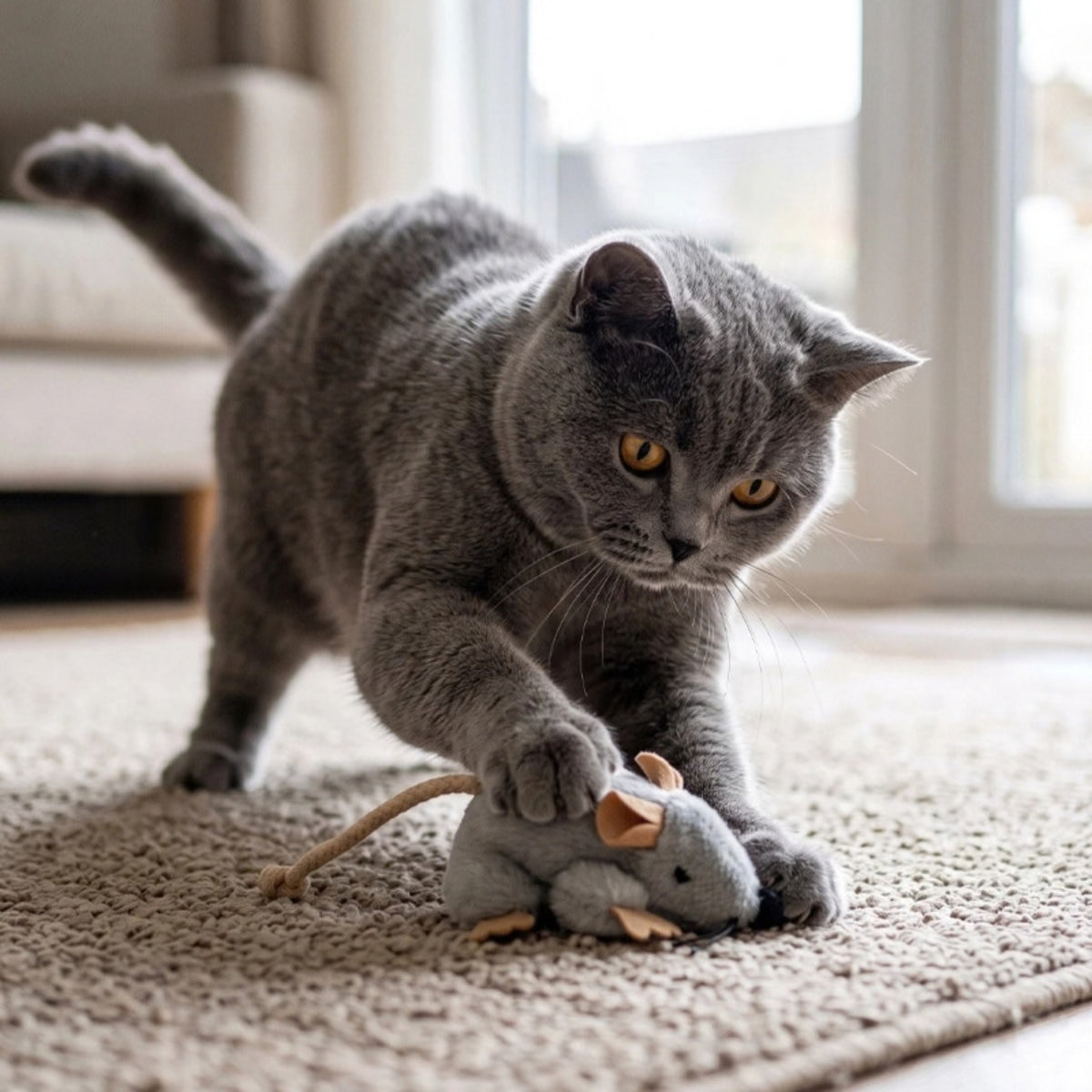 Chat d'intérieur attrapant un jouet souris à cordon avec sa patte pendant une session de jeu interactive