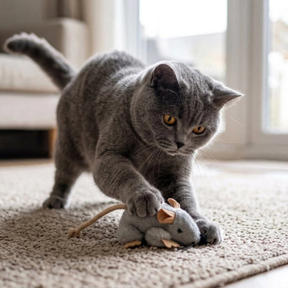 Chat d'intérieur attrapant un jouet souris à cordon avec sa patte pendant une session de jeu interactive