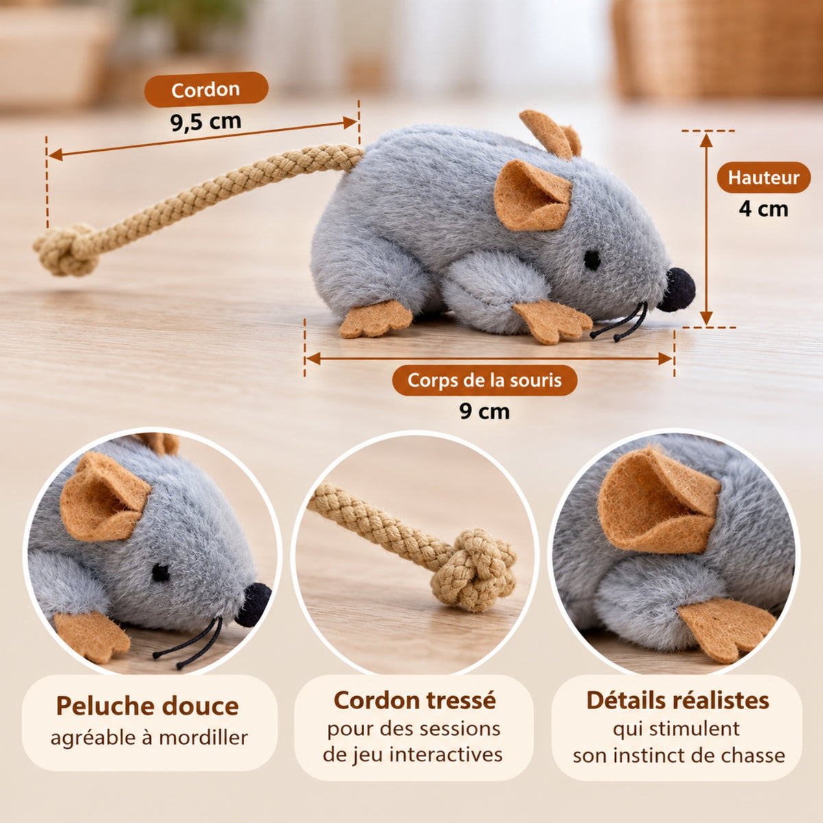 Jouet souris pour chat en peluche montrant les dimensions du corps, la hauteur et le cordon tressé