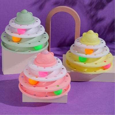 jouet pour chat trois couleurs rose vert jaune